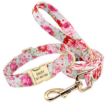 Load image into Gallery viewer, Flower Dog Collar Leash Set Custom Small Medium Large Dog Pet Collars Floral Print Nylon Dog Collars with Treat Bag Snack Bag