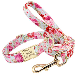 Flower Dog Collar Leash Set Custom Small Medium Large Dog Pet Collars Floral Print Nylon Dog Collars with Treat Bag Snack Bag