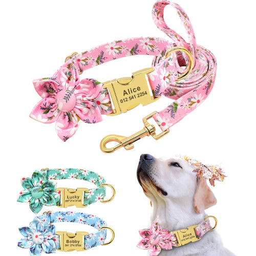 Flower Custom Dog Collar Leash Floral Printed Nylon Pet Dog Collars Lead Personalized Puppy Collars for Small Medium Large Dog